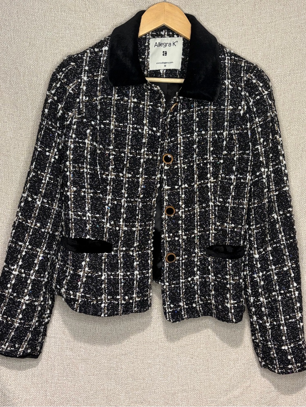 Allegra K Black & White Tweed Cropped Blazer with Velvet Collar